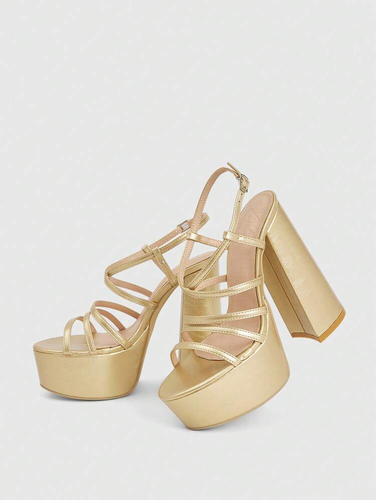 CUCCOO LuxiPop Women's Outdoor Round Toe Thick High Heel Waterproof Platform Gold Strap Gold PU Material Fashion Comfortable Daily Party Banquet Buckle Strap Sandals