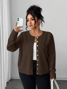 Elenzga Plus Size Casual Solid Color Gold Button Long Sleeve Cardigan - Brown - View 1