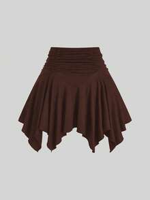 SHEIN Sweetro Plus Size Romantic Asymmetric Hem Solid Color Fashion Skirt - Brown - View 2