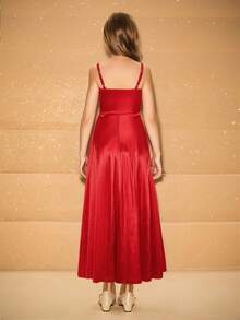 Tween Girl' 优雅简约时尚不对称肩部无袖高腰长款纯色缎面闪亮面料红色连衣裙，适合毕业舞会、选美、圣诞派对 - 紅色 - 查看 2