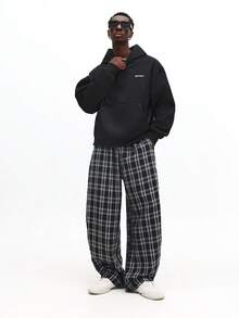 SUMWON 宽松格子裤阔腿格子裤休闲街头风宽松阔腿格纹图案秋冬舒适穿搭 - 黑與白 - 查看 3