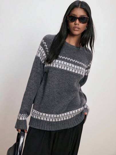 ATUI Studio Dark Grey,Autumn,90s Retro,Casual,Occasion Geometric Print Crew Neck Long Sleeve Pullover Sweater For Women,Christmas Old Money Aesthetic Minimalism