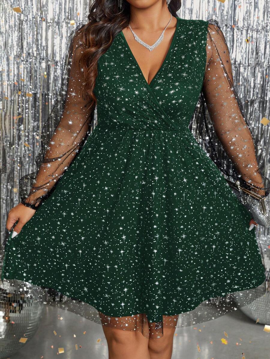 SHEIN Clasi 大码女式金属箔印花网眼灯笼袖优雅连衣裙 - 彩色 - 查看 1