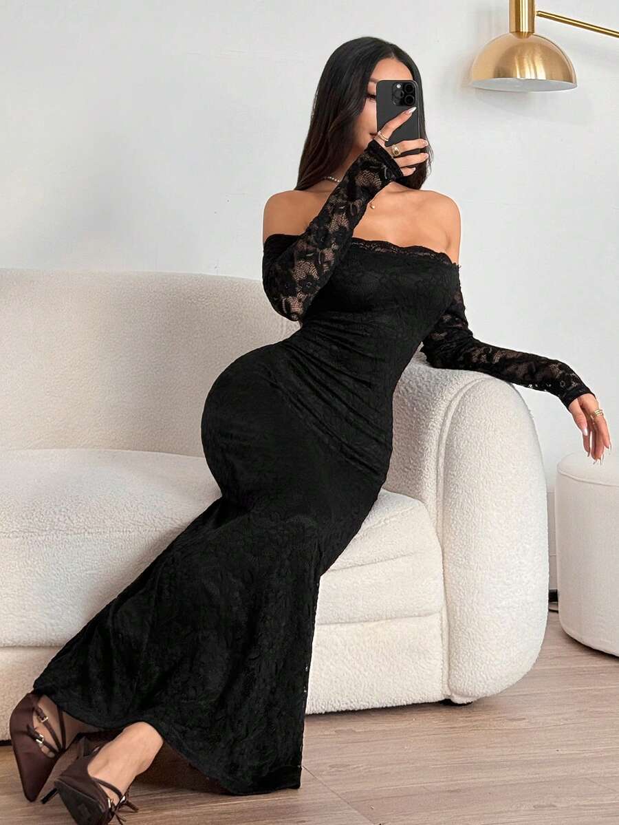 SHEIN PETITE 女式露肩长袖蕾丝拼布迷你连衣裙，夏季连衣裙春装 - 黑色 - 查看 1