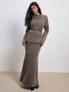 ATUI Studio 女士休闲日常通勤简约纯色落肩宽松腰带毛衣和鱼尾下摆毛衣裙两件套，秋冬 - 摩卡棕 - 查看 4