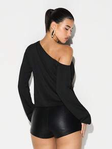 KIZN Draped Off Shoulder Long Sleeve Blouse With Plunge Neckline Ruched Detail Evening Party Top