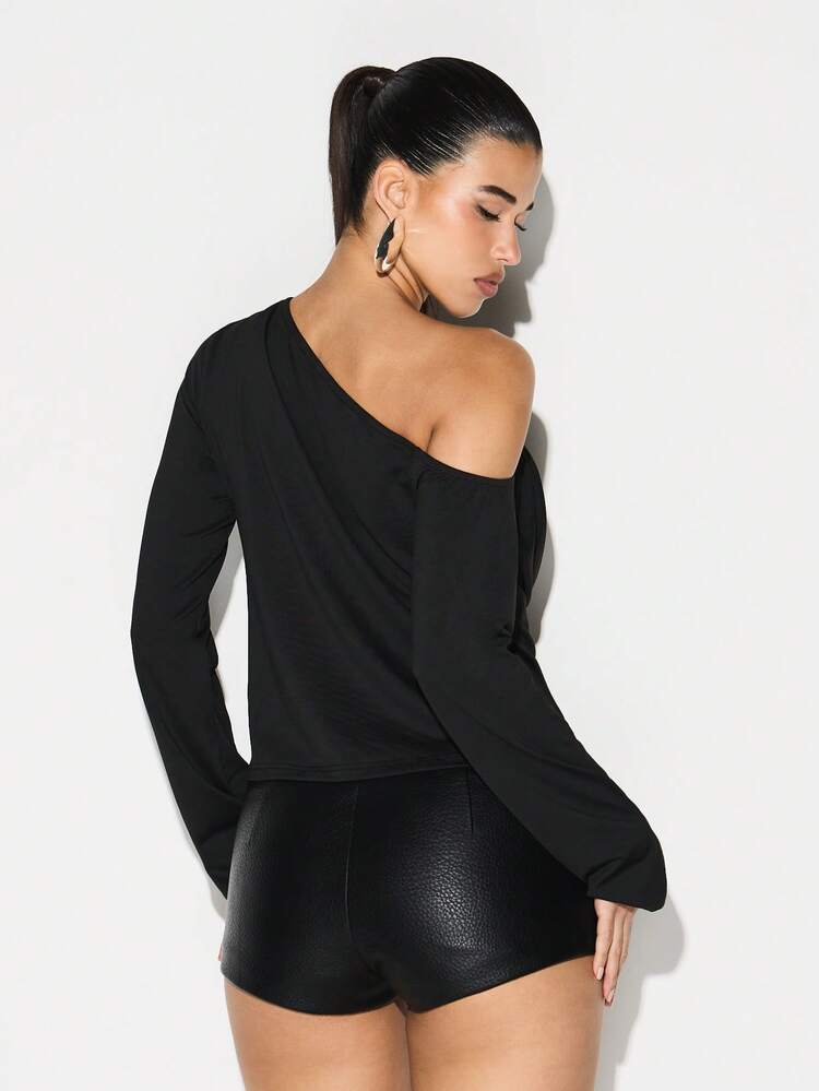 KIZN Draped Off Shoulder Blouse With Plunge Neckline