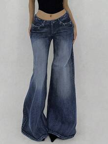 DAZY Women's Casual Washed Low Waist Wide Leg Jeans Y2k - Blue - View 3