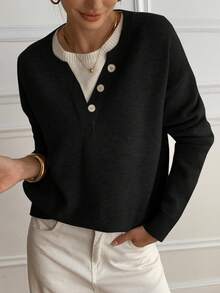 DAZY Casual Color Block Henley Neck Pullover, Soft Knit 2 In 1 Sweater For Women - Black - View 5