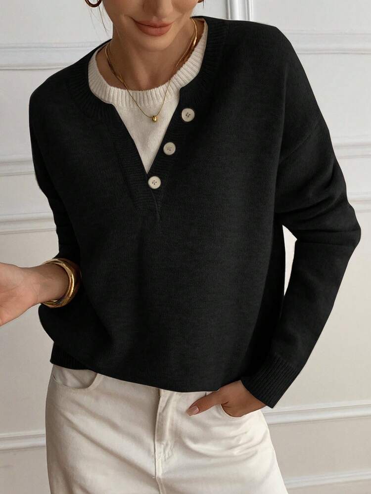 Casual Color Block Henley Neck Pullover, Soft Knit 2 In 1 Sweater For Women