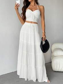 SHEIN Tall 女士春夏新品纯米色亚麻长款A字裙，优雅休闲波西米亚风长裙，适合秋冬聚会、约会 - 白色 - 查看 3