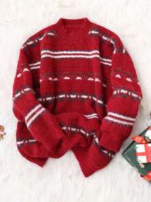 GENKIRA Geometric Textured Jacquard Casual Loose Dropped Shoulder Crew Neck Sweater - Red - View 1