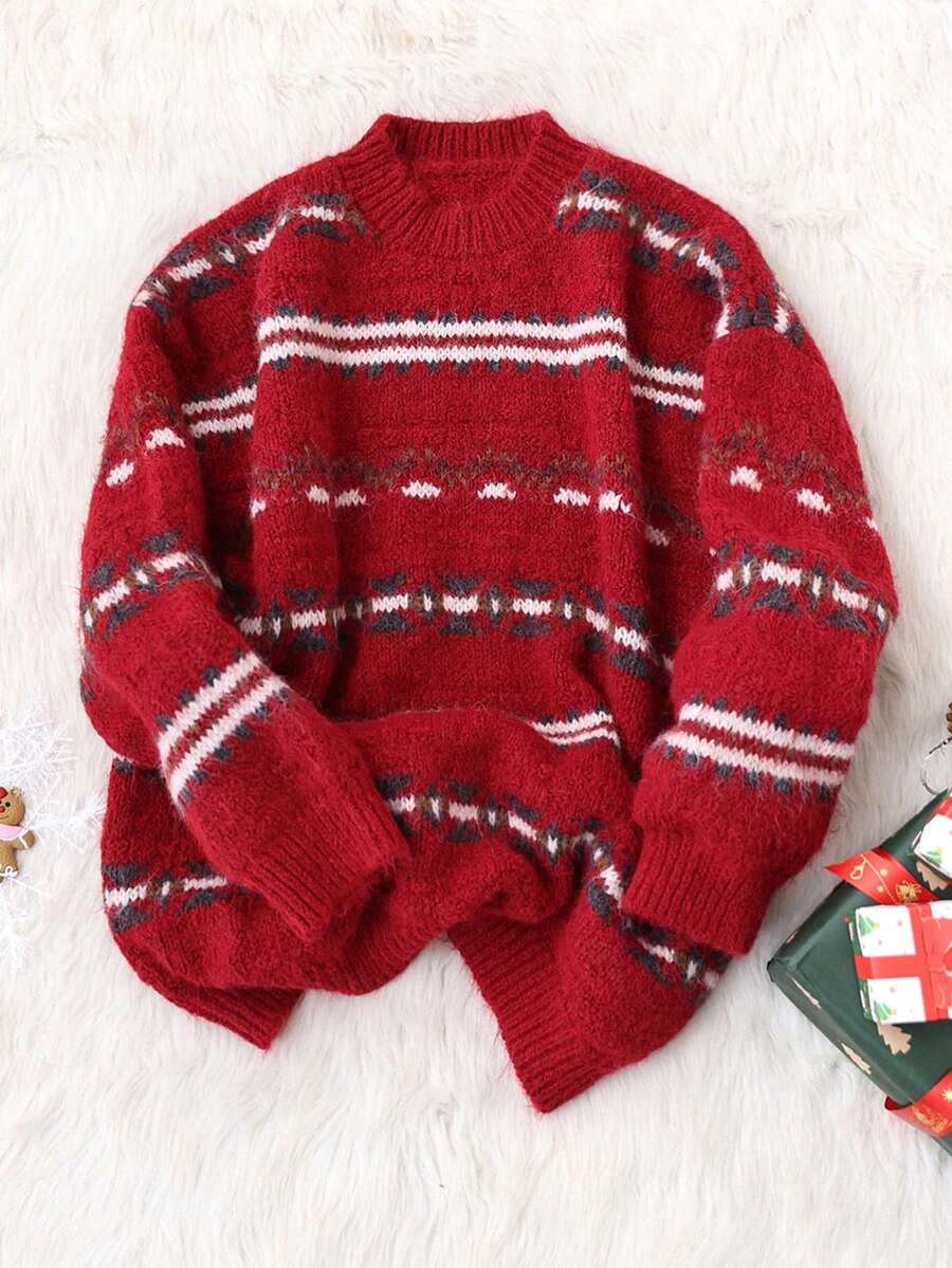 GENKIRA Geometric Textured Jacquard Casual Loose Dropped Shoulder Crew Neck Sweater - Red - View 1