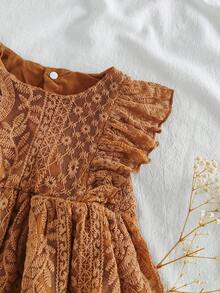 SHEIN Vintaside Kids 女婴杏色梦幻网眼无袖连衣裙，简约风格，适合节日、优雅外出和舒适的居家时刻，春夏季 - 咖啡棕 - 查看 6
