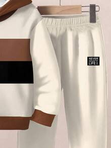 SHEIN 2pcs/Set Young Boys Casual Loose Color Block Patchwork Fashion Label Pullover Hoodie And Sweatpants Set, Suitable For Autumn/Winter Fall