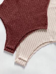 EMERY ROSE 2pcs Set Bodysuit, Comfortable Autumn/Winter Base Layer Bodysuit - Brown - View 4