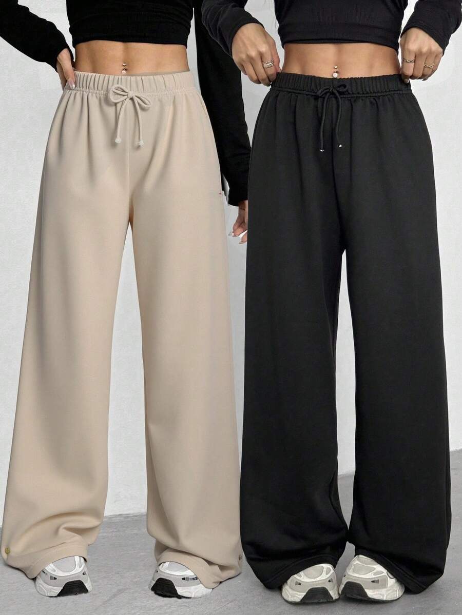 SHEIN Sparklyn 2pcs/Set Teens/Girls Casual All-Match Versatile Daily Wear & Workout Loose Wide Leg Sweatpants, Autumn/Winter - Multicolor - View 1