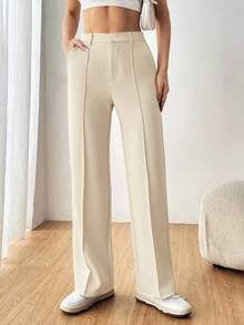 SHEIN EZwear Women's Casual Straight-Leg Apricot Suit Pants, Autumn/Winter,Fall,Fall Clothes For Women - Apricot - View 6