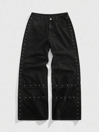 Street Life Jeans rectos de unicolor, versátiles y de moda con remaches y parches para hombre