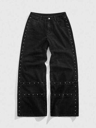 Street Life Jeans droits pour hommes de couleur unie, mode polyvalente, rue, rivets, patchwork