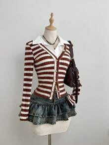 SHEIN Unity Velvet Striped Textured Women's Long Sleeve Single-Breasted Fitted Shirt - Multicolor - View 5