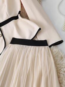 Franclia Bộ 2 món váy midi xếp ly lưới phối màu tương phản, thanh lịch, sang trọng, đa năng, đi làm hàng ngày, họa tiết chắp vá, eo thắt chặt, tay dài, có cạp chun, thu/đông - Màu be - Xem 4