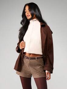 MISSGUIDED High Waisted Houndstooth Print Belted Mini Shorts With Zipper Front Detail - Brown - View 1