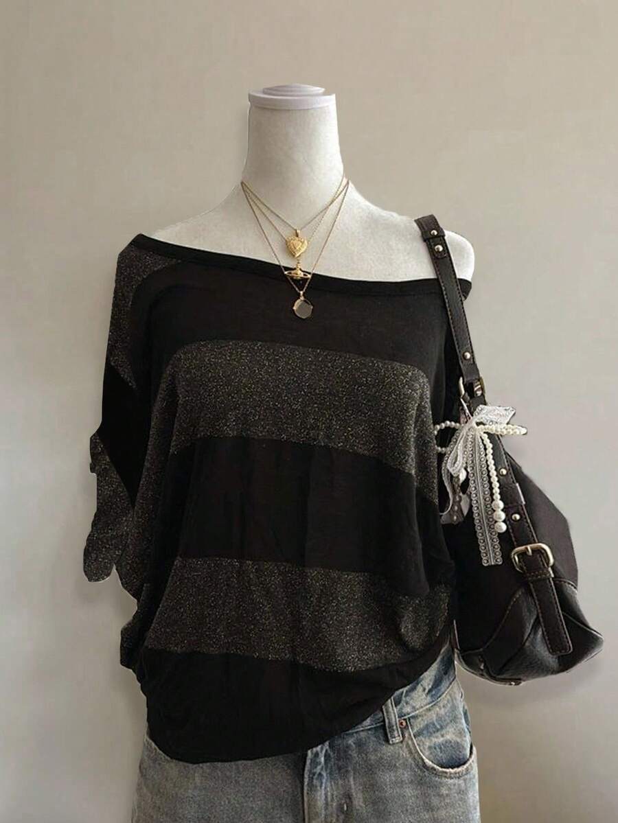 Attitoon Striped Casual Loose Plus Size One-Shoulder Drop Shoulder Short Sleeve T-Shirt, Comfortable & Relaxed College Style For Plus Size Women - Multicolor - View 1