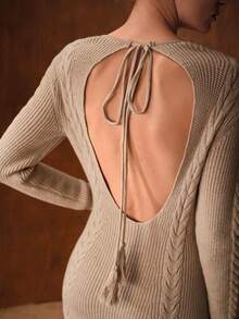 MOTF PREMIUM Elegante vestido de punto largo con cuello redondo y espalda descubierta, para otoño/invierno - Caqui - Ver 3