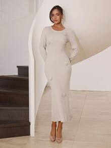 Modelyn Women 3D Floral Decor Fitted Crew Neck Long Sleeve Sweater Dress,Fall Clothes For Women, Winter Dress Women,Women's Winter Sweater - Camel - View 4