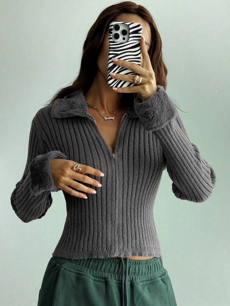 Women's Casual Loose Knit Cardigan With Collar, Color Block Design, Elegant Street Style, Suitable For Autumn And Winter