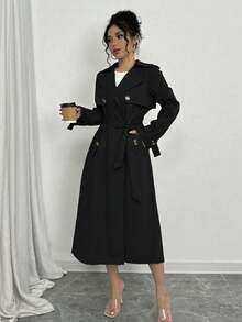 Selianne Women's Casual Solid Color Double-Breasted Long Trench Coat, Autumn Fall Winter Cloth For Women