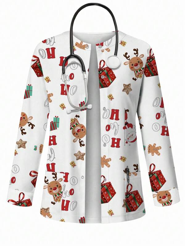PopScrub Chaqueta casual/uniforme de enfermería con estampado de dibujos animados de hombre de jengibre, reno y carta de regalo de Navidad, parte superior tipo cárdigan de moda de primavera/otoño para mujer