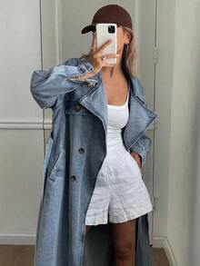 DAZY 女士时尚水洗双排扣牛仔夹克、秋装、返校服 - 淺色水洗藍 - 查看 2