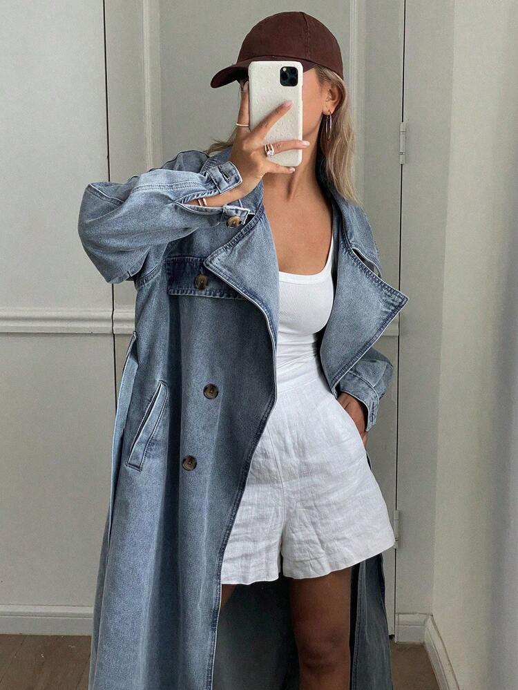 Women's Fashion Washed Double-Breasted Denim Jacket,Fall Clothes,Back To School Clothes