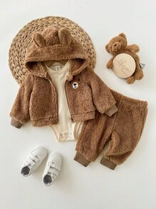 SHEIN 新生儿三件套保暖加厚长袖连体衣、卡通耳朵连帽外套和裤子 - 棕色 - 查看 9