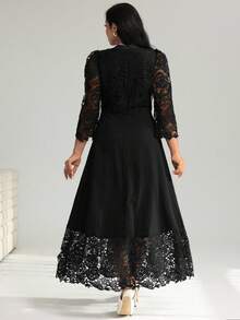 Modelyn Váy Maxi dài tay thêu lỗ vàng chắp vá cỡ lớn cho nữ - màu đen - Xem 2