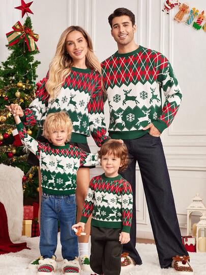 SHEIN 4 件圣诞格子绿色毛衣，男女通用婴儿冬季服装，家庭装妈妈和我