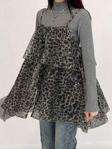 FRIFUL 女士时尚休闲豹纹不对称下摆吊带背心 - 灰色 - 查看 7