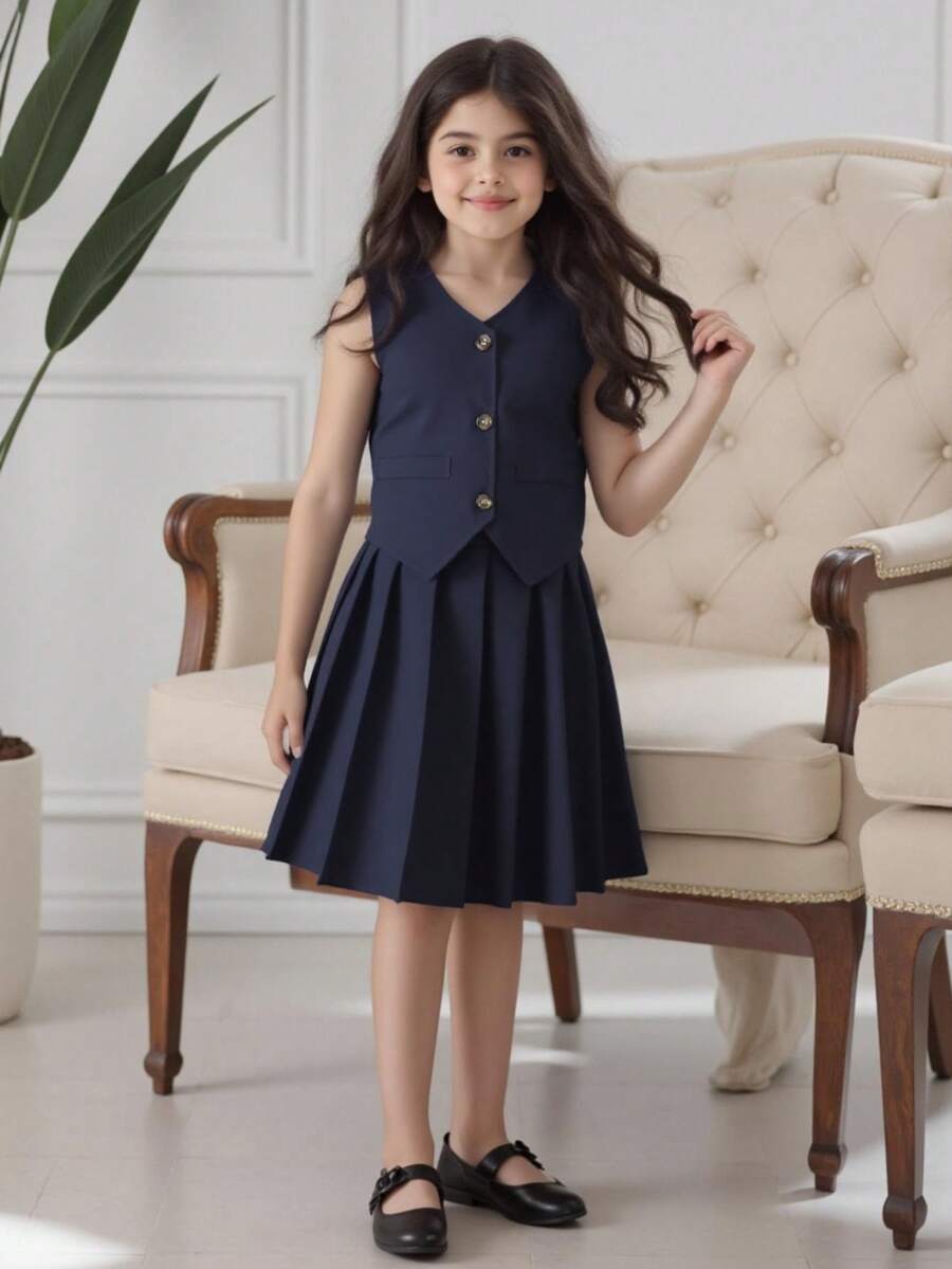 SHEIN Tween Girls Single Breasted Top And Pleated Skirt Elegant 2 Pieces Set - Navy Blue - View 1