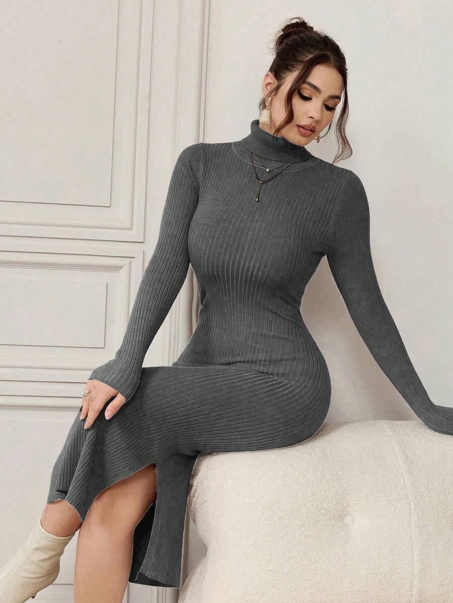 Modelyn 女式纯色高领长袖修身优雅针织连衣裙,秋冬 - 灰色 - 查看 1