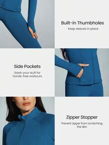 GLOWMODE FeatherFit™-Warm Slim-It It's Chilly Fleece-Lined Slim Fit Long Sleeve Jacket With Thumbholes Autumn Winter Yoga Daily Casual - Blue Ambition - View 3