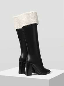 MOTF 高品质黑色筒高筒靴，尖头粗跟优雅女靴，时尚百搭新款，展现女性魅力与优雅气质。 - 黑色 - 查看 8