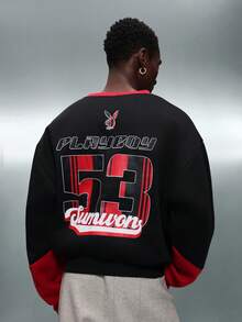 PLAYBOY X SUMWON 带有徽标和数字的短款 V 领运动衫 Streetwear 套头衫 - 黑色 - 查看 6