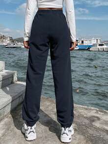 EURMUSE Women's Casual Solid Color Drawstring Waist Slant Pocket Jogger Sweatpants - Navy Blue - View 2