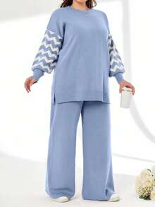 SHEIN Cottnline Striped Color Block Sweater And Pants Two Pieces Set - Baby Blue - View 5