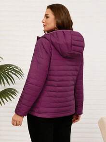 EMERY ROSE Plus Size Women's Winter Casual Warm Solid Color Fuchsia Hooded Zip-Up Waterproof Down Coat, Going Out,  New ,Simple And Fashionable For Everyday Wear,  For Women ,New Year, - Red Violet - View 2