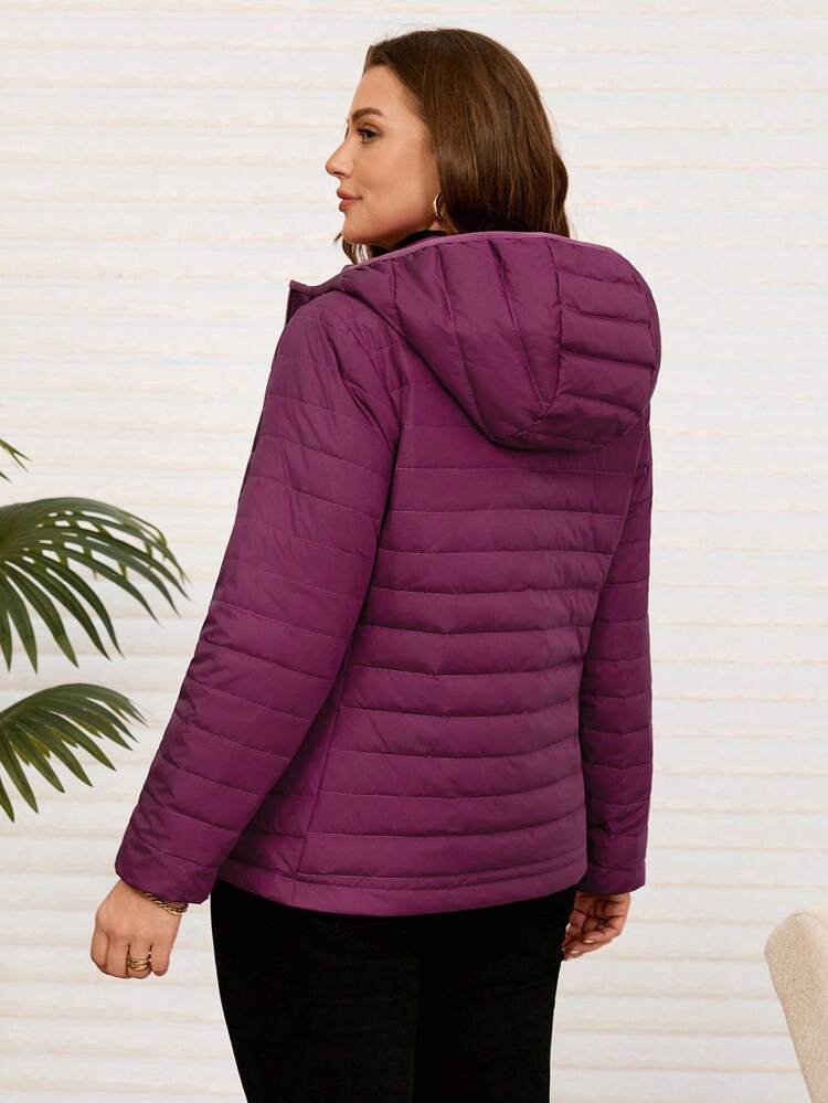 Plus Size Women's Winter Casual Warm Solid Color Fuchsia Hooded Zip-Up Waterproof Down Coat, Going Out,  New ,Simple And Fashionable For Everyday Wear,  For Women ,New Year,