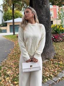 Jeta Ari Suéter de punto de cable con hombros caídos, tops de manga larga para otoño/invierno - Beis - Ver 6