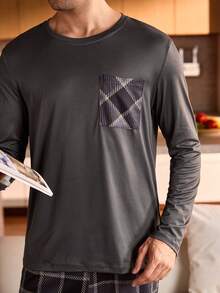 Provexi Provexi Plus Size Men's Comfortable Plaid Pocket Long Sleeve Top And Pants Pajama Set, Autumn, Christmas - Dark Grey - View 5